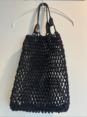 Black Crocheted Tote with Leather Handles